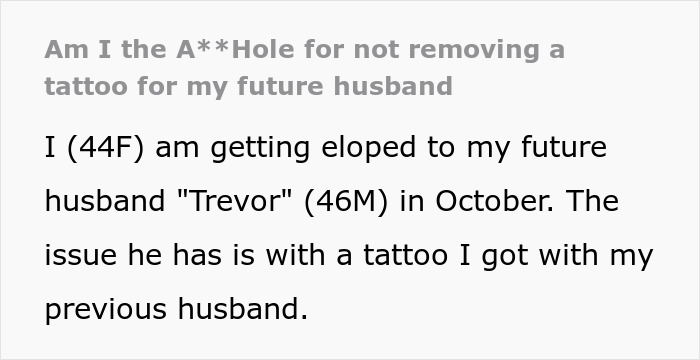 Text discussing a conflict with a future husband over a tattoo from a late husband. Text discussing a conflict with a future husband over a tattoo from a late husband.