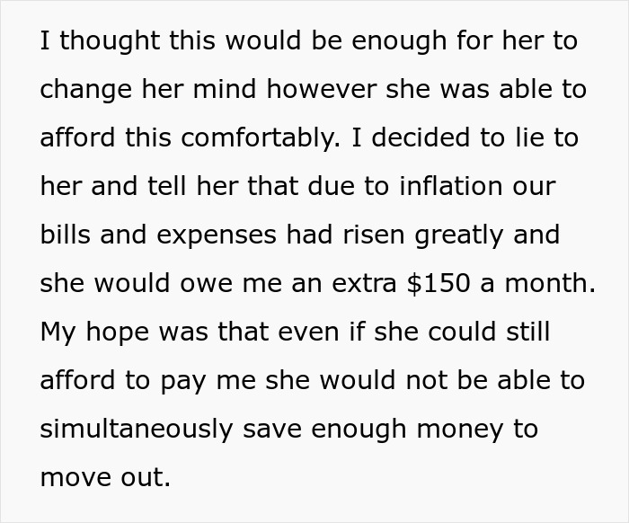 Text discussing stepdaughter overcharged rent for chores, mentioning inflation and increased expenses. Text discussing stepdaughter overcharged rent for chores, mentioning inflation and increased expenses.
