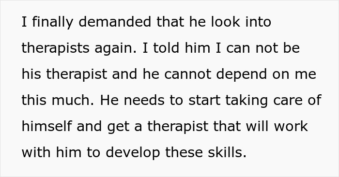 Text about a husband needing a therapist for homework and self-care instead of depending on his wife. Text about a husband needing a therapist for homework and self-care instead of depending on his wife.