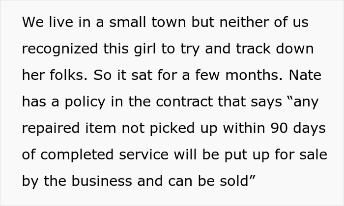 Policy text explains selling a laptop not picked up for 9 months. Policy text explains selling a laptop not picked up for 9 months.
