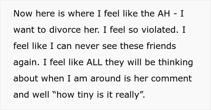 Text discussing feelings about divorce after a wife's drunken remark in front of friends. Text discussing feelings about divorce after a wife's drunken remark in front of friends.