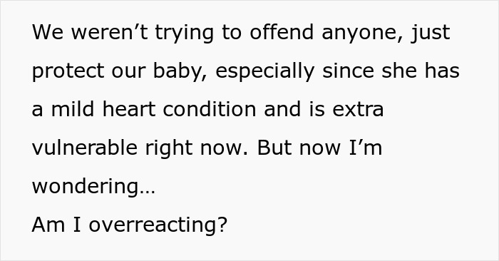 Text expressing concern about baby safety and vaccination requirements for family visits. Text expressing concern about baby safety and vaccination requirements for family visits.