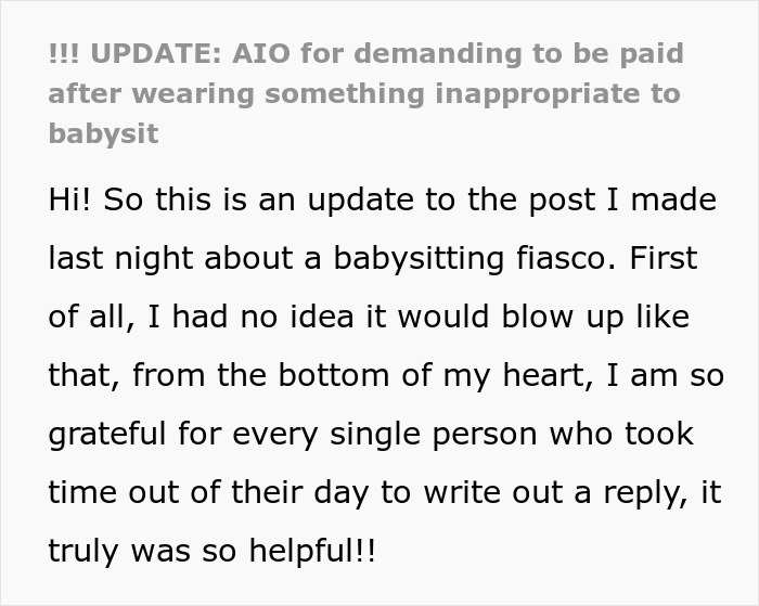 Text update on babysitting payment issue after wearing a tank top, addressing reactions and gratitude for support.