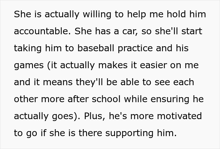 Text discussing a father managing his son's accountability with help from his girlfriend. Text discussing a father managing his son's accountability with help from his girlfriend.