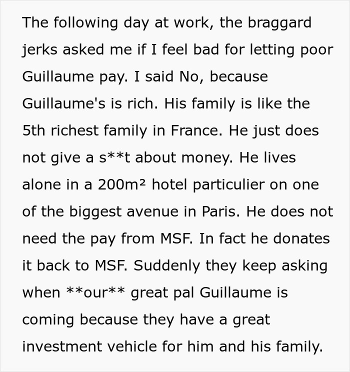Rich friend's generosity shatters arrogant traders' assumptions, highlighting wealth and status. Rich friend's generosity shatters arrogant traders' assumptions, highlighting wealth and status.