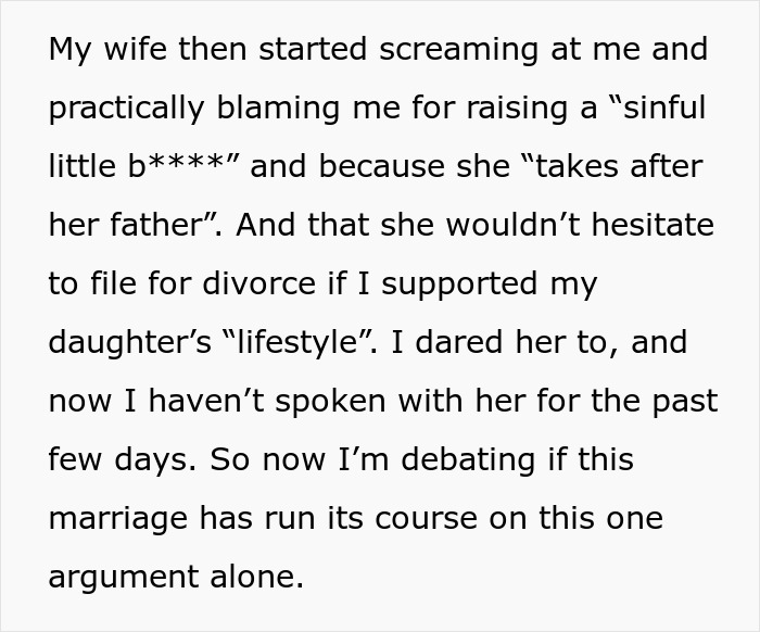Alt text: Man shares story of wife threatening divorce after he defends bi daughter’s lifestyle causing family conflict.