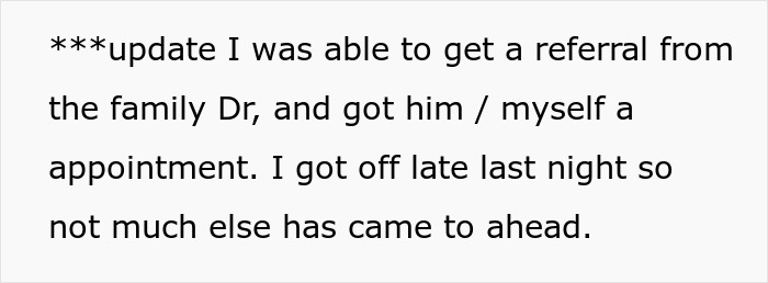 Text update about getting a referral and appointment, mentioning limited progress after late night work. Text update about getting a referral and appointment, mentioning limited progress after late night work.