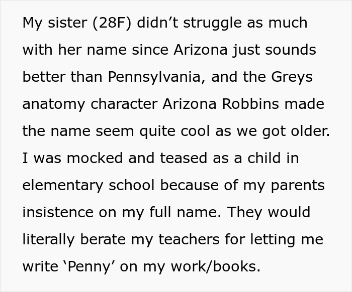 Text describing name struggles, teasing in school, and parents' insistence on using a full name. Text describing name struggles, teasing in school, and parents' insistence on using a full name.