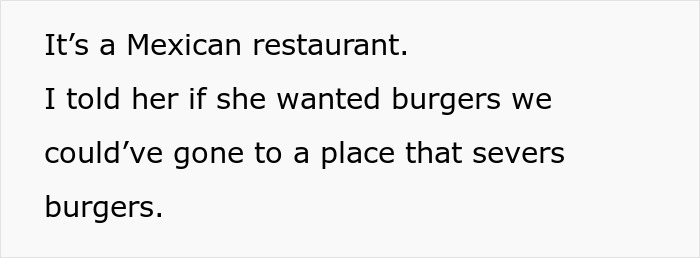 Text image about Mexican restaurant and burgers, linked to an unruly woman disturbing a waitress. Text image about Mexican restaurant and burgers, linked to an unruly woman disturbing a waitress.