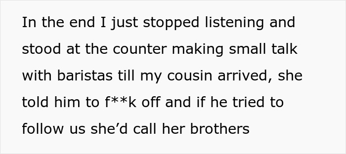Text exchange about a breakup, woman stands by counter with baristas before cousin arrives to confront ex. Text exchange about a breakup, woman stands by counter with baristas before cousin arrives to confront ex.
