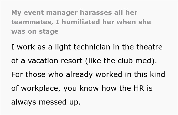 Event manager harassment story with light technician’s experience at a resort theatre, discussing HR issues. Event manager harassment story with light technician’s experience at a resort theatre, discussing HR issues.