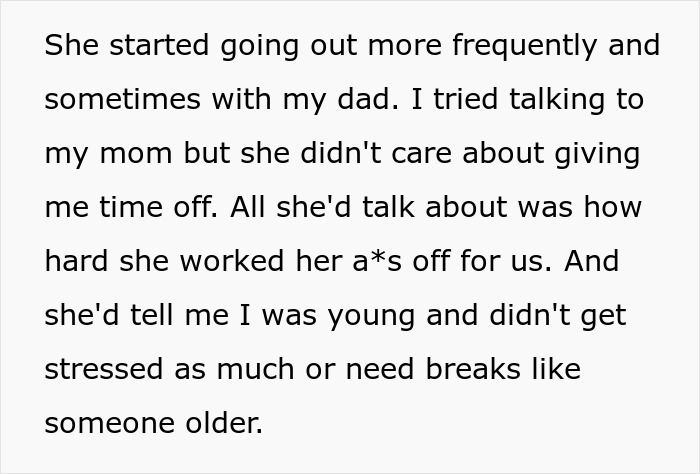 Text describing a teenager discussing responsibilities at home despite parents' presence. Text describing a teenager discussing responsibilities at home despite parents' presence.