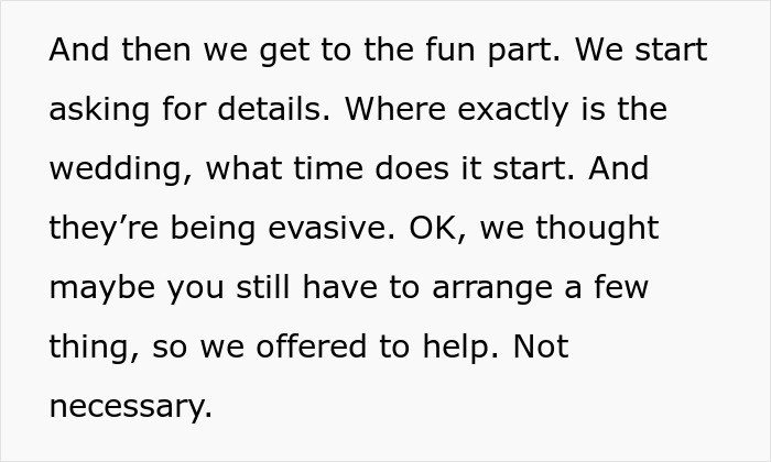Text screenshot discussing evasive wedding details for a couple canceling vacation plans. Text screenshot discussing evasive wedding details for a couple canceling vacation plans.