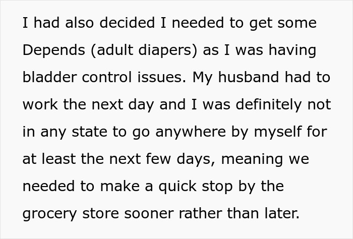 Text excerpt discussing grocery store visit for adult diapers due to bladder issues. Text excerpt discussing grocery store visit for adult diapers due to bladder issues.