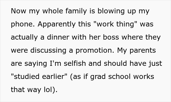 Text excerpt describing family conflict over babysitting sister’s kids while she attended a work dinner.