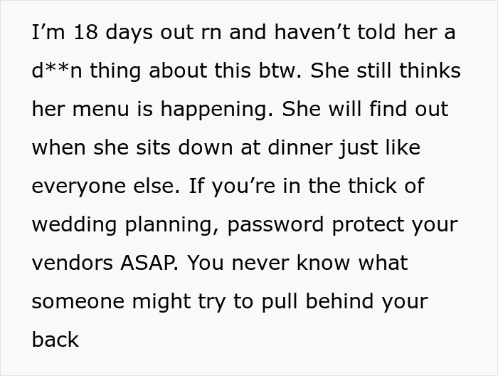 Text advising to password protect everything during wedding planning to prevent surprises, like a meddling MIL changing the menu. Text advising to password protect everything during wedding planning to prevent surprises, like a meddling MIL changing the menu.