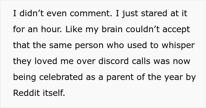 Text about discovering a married Reddit mod becoming a viral "wholesome parent. Text about discovering a married Reddit mod becoming a viral "wholesome parent.