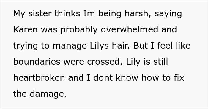 Text about MIL cutting 6-year-old's hair without permission, with family discussing boundaries and feelings. Text about MIL cutting 6-year-old's hair without permission, with family discussing boundaries and feelings.