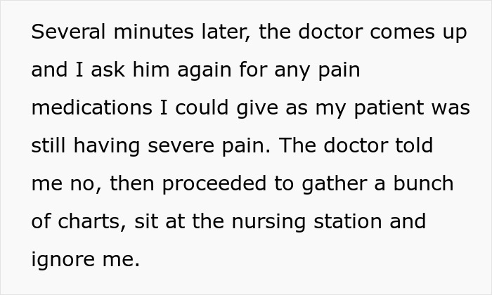 Text describing a patient suffering severe pain while being ignored by a doctor at a nursing station. Text describing a patient suffering severe pain while being ignored by a doctor at a nursing station.