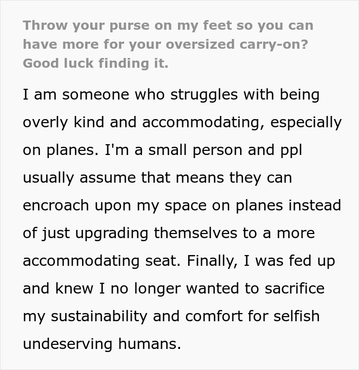 Passenger's purse on floor after rude encounter on plane, discussing personal space and confrontation with rude traveler. Passenger's purse on floor after rude encounter on plane, discussing personal space and confrontation with rude traveler.