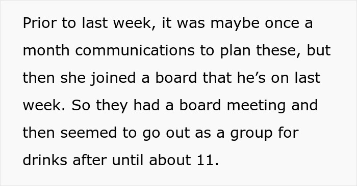 Text excerpt about husband’s late-night drinks with coworker revealing the truth a wife learns after the event. Text excerpt about husband’s late-night drinks with coworker revealing the truth a wife learns after the event.