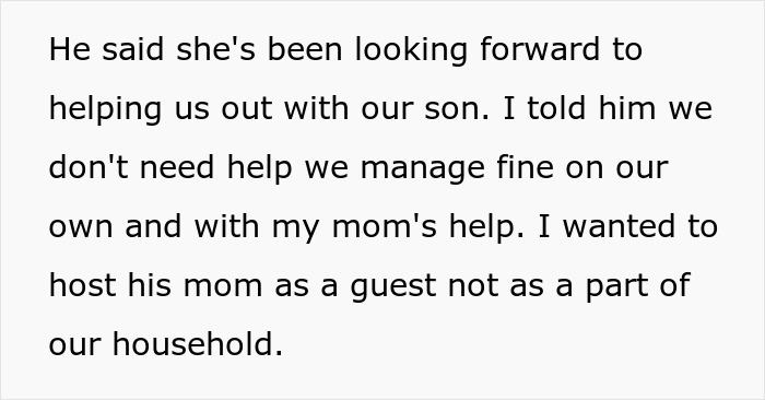 Text detailing a discussion about a MIL staying with a son, highlighting expectations of hosting and household roles. Text detailing a discussion about a MIL staying with a son, highlighting expectations of hosting and household roles.