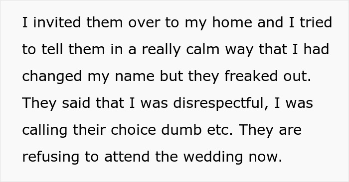 Text on a reaction to a secret name change and its impact on wedding attendance. Text on a reaction to a secret name change and its impact on wedding attendance.