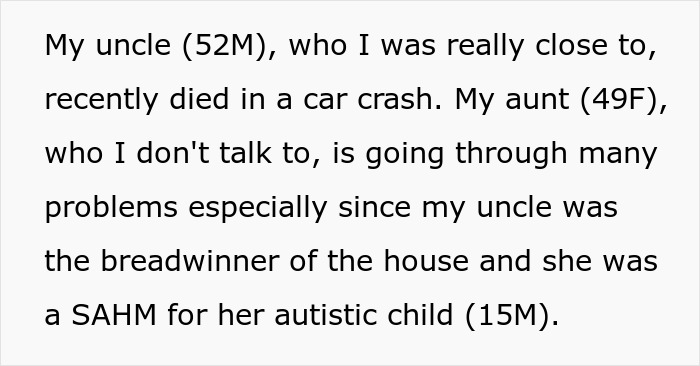 Text discussing an uncle's death and challenges faced by an aunt caring for her autistic son. Text discussing an uncle's death and challenges faced by an aunt caring for her autistic son.