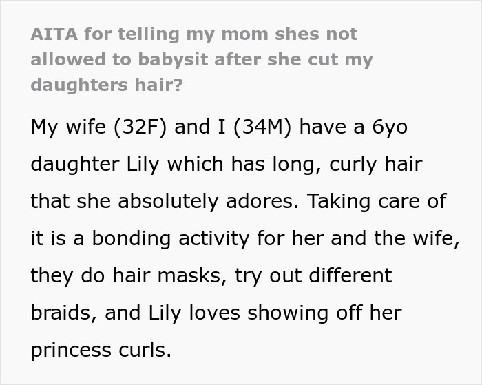 Text discussing a grandmother cutting a 6-year-old's hair without permission, leading to babysitting ban. Text discussing a grandmother cutting a 6-year-old's hair without permission, leading to babysitting ban.