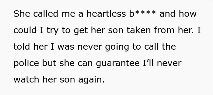 Text about babysitting miscommunication involving in-laws and a police threat allegation. Text about babysitting miscommunication involving in-laws and a police threat allegation.