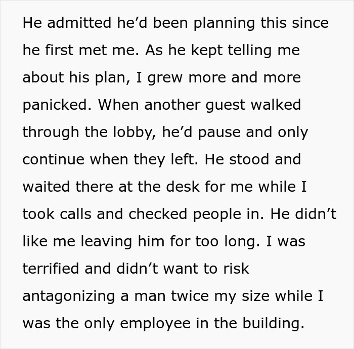 Text describing a woman's panic and clever escape plan from a client. Text describing a woman's panic and clever escape plan from a client.