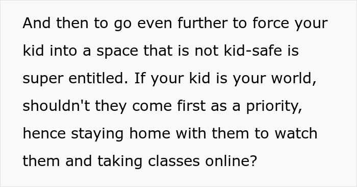 Text about a child's presence in a non-kid-safe space, touching on parenting priorities and online classes. Text about a child's presence in a non-kid-safe space, touching on parenting priorities and online classes.