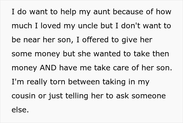 Text discussing a dilemma about caring for an autistic cousin and helping an aunt. Text discussing a dilemma about caring for an autistic cousin and helping an aunt.