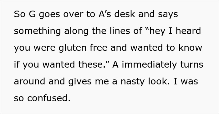 Coworkers discussing gluten-free diet at desk, causing confusion and awkwardness. Coworkers discussing gluten-free diet at desk, causing confusion and awkwardness.