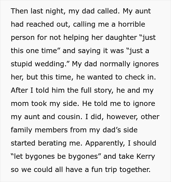 Text screenshot discussing family tension after cousin asked for trip payment following wedding exclusion. Text screenshot discussing family tension after cousin asked for trip payment following wedding exclusion.