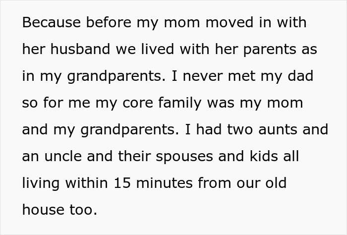 Text recounting mom's move to stepdad's hometown for a better life, describing a disliked transition from close-knit family life. Text recounting mom's move to stepdad's hometown for a better life, describing a disliked transition from close-knit family life.