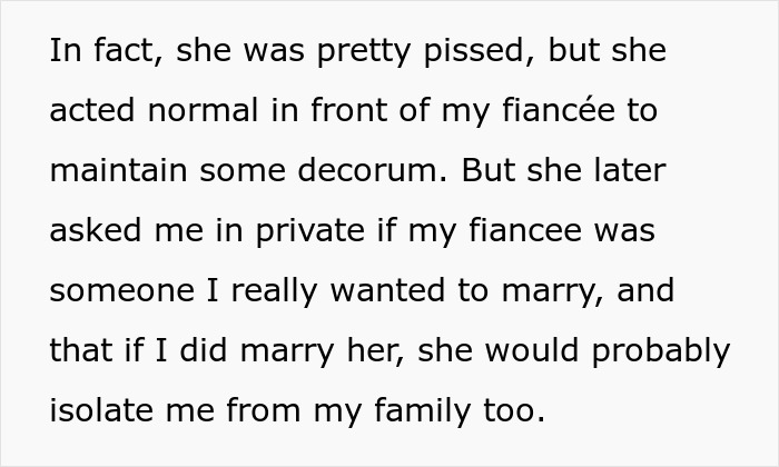 Text image discussing conflict over a fiancé during a family vacation, with concerns about isolation from family. Text image discussing conflict over a fiancé during a family vacation, with concerns about isolation from family.