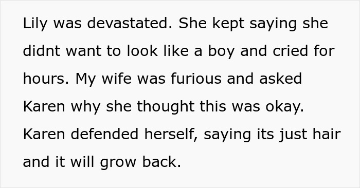 Text recounting a MIL cutting a 6-year-old’s hair without permission, leading to babysitting ban. Text recounting a MIL cutting a 6-year-old’s hair without permission, leading to babysitting ban.