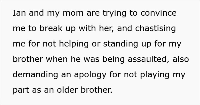 Text about a family's request for a man to dump his girlfriend after a conflict involving his brother's prank. Text about a family's request for a man to dump his girlfriend after a conflict involving his brother's prank.
