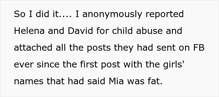 Text discussing reporting parents for child abuse related to displaying daughter's eating disorder online. Text discussing reporting parents for child abuse related to displaying daughter's eating disorder online.