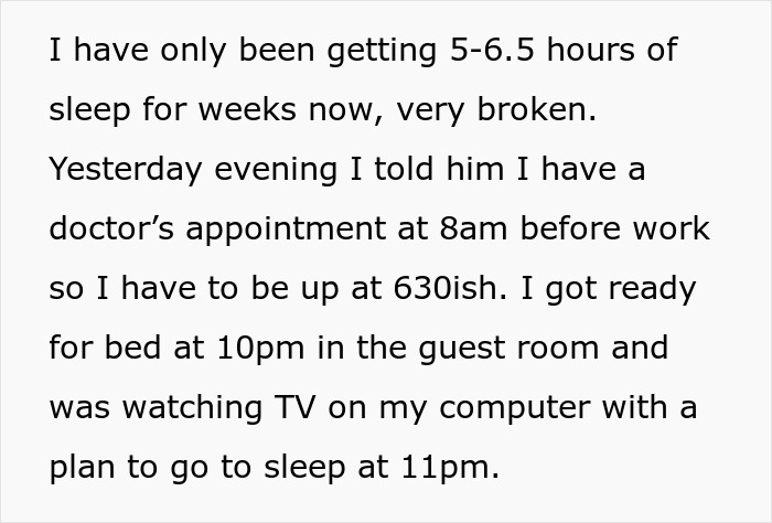 Text describing a sleepless woman’s experience of broken sleep over weeks, considering staying in a hotel due to lack of rest.