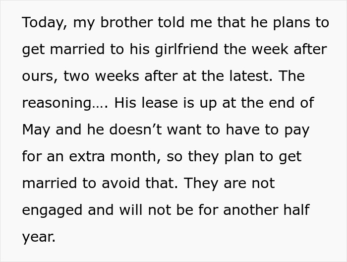 Sibling wedding clash text about his plan to marry soon after hers to save costs due to an ending lease. Sibling wedding clash text about his plan to marry soon after hers to save costs due to an ending lease.