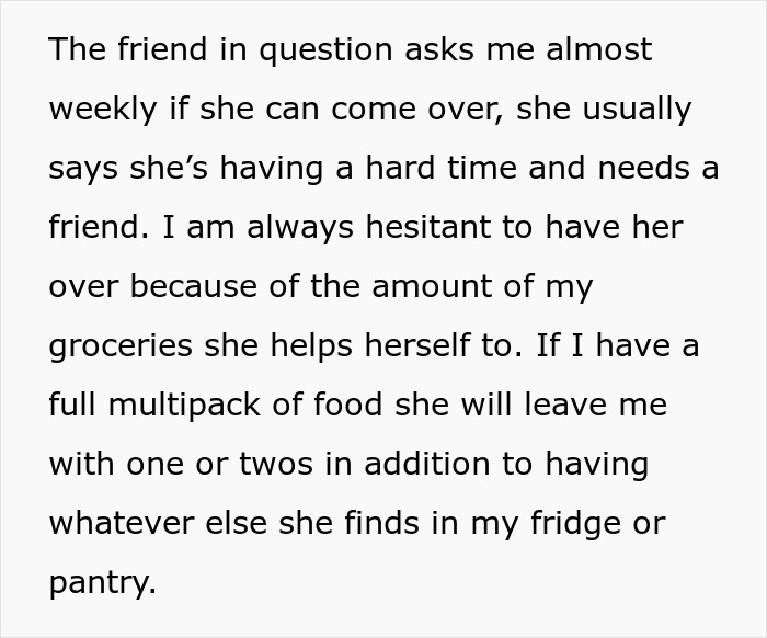 Text image of a person expressing concern about a friend consuming $60 of her groceries regularly. Text image of a person expressing concern about a friend consuming $60 of her groceries regularly.