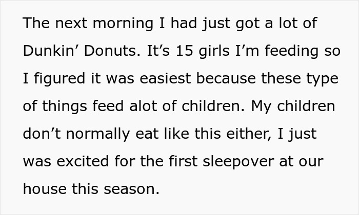 Text explains mom serving snacks and donuts to 15 girls at a sleepover, relating to parenting and children's events. Text explains mom serving snacks and donuts to 15 girls at a sleepover, relating to parenting and children's events.