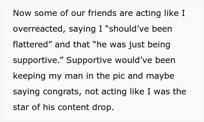 Text from a woman discussing being untagged in a friend's IG post after fiancé was cropped from engagement photo. Text from a woman discussing being untagged in a friend's IG post after fiancé was cropped from engagement photo.