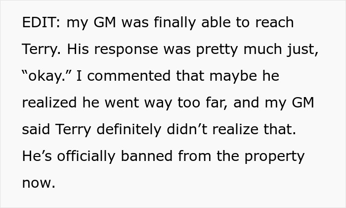Text message about a client's inappropriate actions leading to a ban from the property. Text message about a client's inappropriate actions leading to a ban from the property.