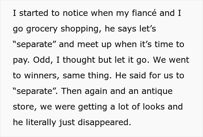 Text revealing fiancé’s strange behavior leads fiancée to question motives due to race. Text revealing fiancé’s strange behavior leads fiancée to question motives due to race.