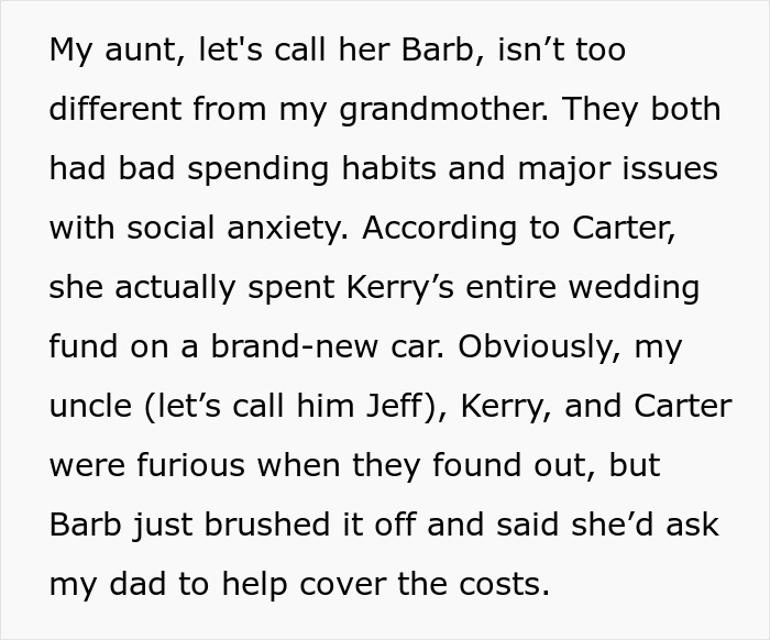 Text discussing a wedding fund spent on a car, family members upset, with an aunt's nonchalant response. Text discussing a wedding fund spent on a car, family members upset, with an aunt's nonchalant response.