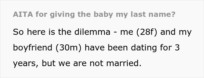 Text about a couple debating giving their baby the father’s last name despite not being married. Text about a couple debating giving their baby the father’s last name despite not being married.