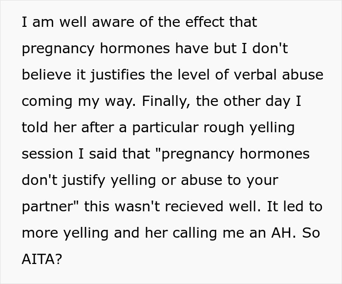 Text about a husband expressing concerns over verbal abuse from his pregnant wife due to hormones. Text about a husband expressing concerns over verbal abuse from his pregnant wife due to hormones.